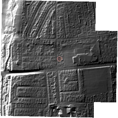 Shaded relief map of the ground around DN158JE, computed from Environment Agency LiDAR. The ground here sits at about 46 m above sea level and falls 37 m across the surrounding 800 m. Surface water reaching this point runs off ground lying to the east, 6.0 m higher.