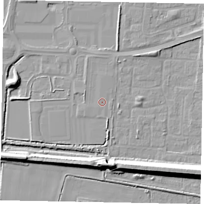 Shaded relief map of the ground around DN158JH, computed from Environment Agency LiDAR. The ground here sits at about 4 m above sea level and falls 14 m across the surrounding 800 m. The ground contributing surface water to this point lies to the north-east.