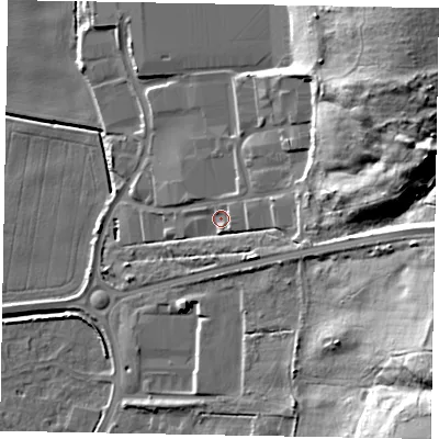 Shaded relief map of the ground around DN158NL, computed from Environment Agency LiDAR. The ground here sits at about 9 m above sea level and falls 42 m across the surrounding 800 m. Surface water reaching this point runs off ground lying to the south-east, 2.6 m higher.