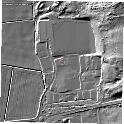 Shaded relief map of the ground around DN158NN, computed from Environment Agency LiDAR. The ground here sits at about 8 m above sea level and falls 48 m across the surrounding 800 m. Surface water reaching this point runs off ground lying to the east, 0.7 m higher.