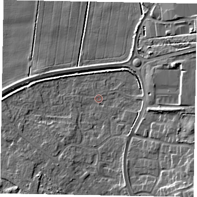 Shaded relief map of the ground around DN158PL, computed from Environment Agency LiDAR. The ground here sits at about 2 m above sea level and falls 12 m across the surrounding 800 m. Surface water reaching this point runs off ground lying to the south-east, 8.5 m higher.