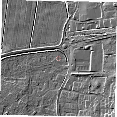 Shaded relief map of the ground around DN158PP, computed from Environment Agency LiDAR. The ground here sits at about 3 m above sea level and falls 15 m across the surrounding 800 m. Surface water reaching this point runs off ground lying to the east-north-east, 2.5 m higher.