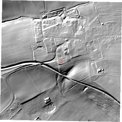 Shaded relief map of the ground around DN158RR, computed from Environment Agency LiDAR. The ground here sits at about 40 m above sea level and falls 43 m across the surrounding 800 m. Surface water reaching this point runs off ground lying to the north-east, 5.1 m higher.