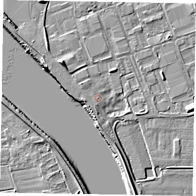 Shaded relief map of the ground around DN158RS, computed from Environment Agency LiDAR. The ground here sits at about 5 m above sea level and falls 9 m across the surrounding 800 m. Surface water reaching this point runs off ground lying to the west-south-west, 1.4 m higher.