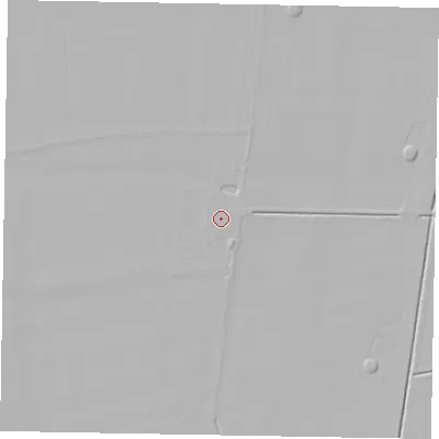 Shaded relief map of the ground around DN158RY, computed from Environment Agency LiDAR. The ground here sits at about 4 m above sea level and falls 3 m across the surrounding 800 m. The ground contributing surface water to this point lies to the south-west.
