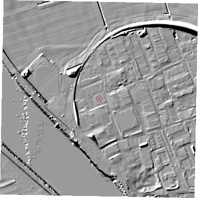 Shaded relief map of the ground around DN158SD, computed from Environment Agency LiDAR. The ground here sits at about 4 m above sea level and falls 13 m across the surrounding 800 m. Surface water reaching this point runs off ground lying to the west-south-west, 3.7 m higher.