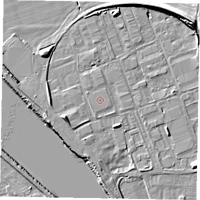 Shaded relief map of the ground around DN158SF, computed from Environment Agency LiDAR. The ground here sits at about 4 m above sea level and falls 15 m across the surrounding 800 m. The ground contributing surface water to this point lies to the south-south-east.