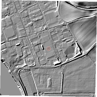 Shaded relief map of the ground around DN158SG, computed from Environment Agency LiDAR. The ground here sits at about 4 m above sea level and falls 29 m across the surrounding 800 m. Surface water reaching this point runs off ground lying to the west, 5.3 m higher.