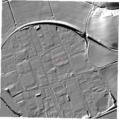 Shaded relief map of the ground around DN158SH, computed from Environment Agency LiDAR. The ground here sits at about 4 m above sea level and falls 30 m across the surrounding 800 m. Surface water reaching this point runs off ground lying to the south-south-east, 0.9 m higher.