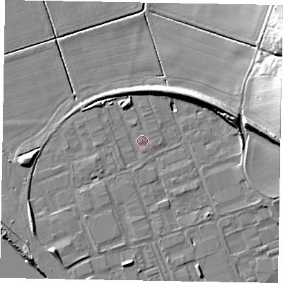 Shaded relief map of the ground around DN158SJ, computed from Environment Agency LiDAR. The ground here sits at about 4 m above sea level and falls 23 m across the surrounding 800 m. Surface water reaching this point runs off ground lying to the west, 5.6 m higher.
