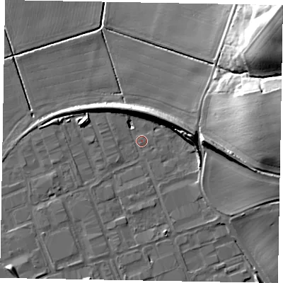 Shaded relief map of the ground around DN158SL, computed from Environment Agency LiDAR. The ground here sits at about 4 m above sea level and falls 37 m across the surrounding 800 m. Surface water reaching this point runs off ground lying to the south-west, 5.7 m higher.