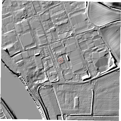 Shaded relief map of the ground around DN158SN, computed from Environment Agency LiDAR. The ground here sits at about 4 m above sea level and falls 26 m across the surrounding 800 m. Surface water reaching this point runs off ground lying to the east-south-east, 4.6 m higher.