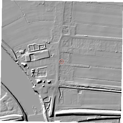 Shaded relief map of the ground around DN158SU, computed from Environment Agency LiDAR. The ground here sits at about 3 m above sea level and falls 13 m across the surrounding 800 m. Surface water reaching this point runs off ground lying to the south-west, 9.6 m higher.
