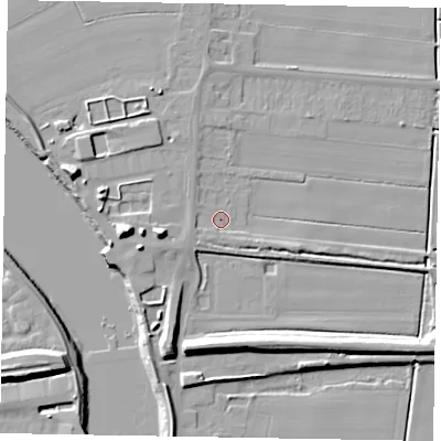 Shaded relief map of the ground around DN158SW, computed from Environment Agency LiDAR. The ground here sits at about 3 m above sea level and falls 13 m across the surrounding 800 m. Surface water reaching this point runs off ground lying to the south-west, 2.2 m higher.
