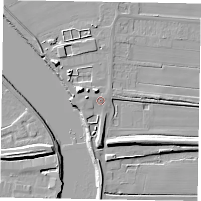 Shaded relief map of the ground around DN158SX, computed from Environment Agency LiDAR. The ground here sits at about 5 m above sea level and falls 13 m across the surrounding 800 m. Surface water reaching this point runs off ground lying to the west-north-west, 4.5 m higher.