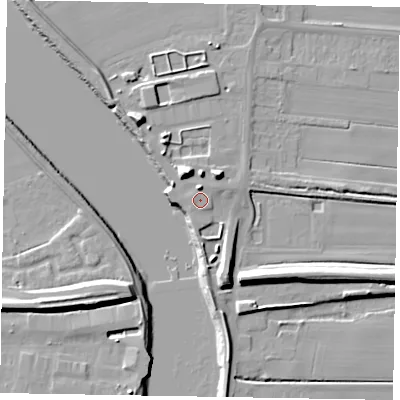 Shaded relief map of the ground around DN158SY, computed from Environment Agency LiDAR. The ground here sits at about 5 m above sea level and falls 13 m across the surrounding 800 m. Surface water reaching this point runs off ground lying to the west-north-west, 0.7 m higher.
