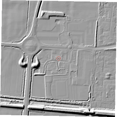 Shaded relief map of the ground around DN158TE, computed from Environment Agency LiDAR. The ground here sits at about 3 m above sea level and falls 16 m across the surrounding 800 m. Surface water reaching this point runs off ground lying to the south-south-east, 14.1 m higher.