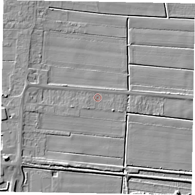Shaded relief map of the ground around DN158TG, computed from Environment Agency LiDAR. The ground here sits at about 2 m above sea level and falls 11 m across the surrounding 800 m. Surface water reaching this point runs off ground lying to the west, 2.5 m higher.