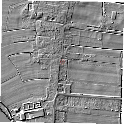 Shaded relief map of the ground around DN158TQ, computed from Environment Agency LiDAR. The ground here sits at about 3 m above sea level and falls 8 m across the surrounding 800 m. Surface water reaching this point runs off ground lying to the west, 1.2 m higher.