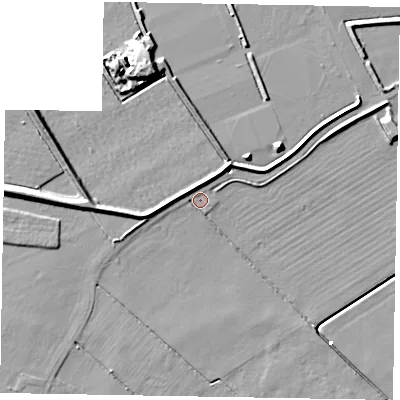 Shaded relief map of the ground around DN158TU, computed from Environment Agency LiDAR. The ground here sits at about 3 m above sea level and falls 13 m across the surrounding 800 m. The ground contributing surface water to this point lies to the north-north-west.