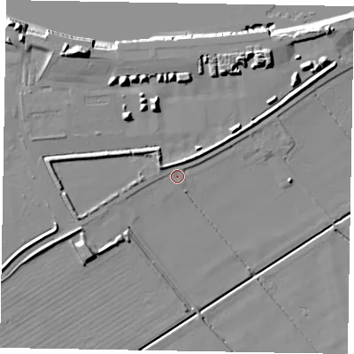 Shaded relief map of the ground around DN158TX, computed from Environment Agency LiDAR. The ground here sits at about 2 m above sea level and falls 19 m across the surrounding 800 m. Surface water reaching this point runs off ground lying to the north-west, 2.8 m higher.