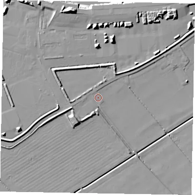Shaded relief map of the ground around DN158TZ, computed from Environment Agency LiDAR. The ground here sits at about 2 m above sea level and falls 17 m across the surrounding 800 m. Surface water reaching this point runs off ground lying to the west-south-west, 1.1 m higher.