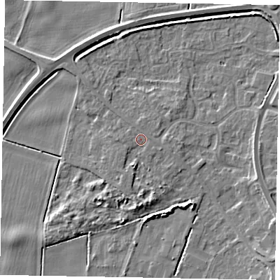 Shaded relief map of the ground around DN158UG, computed from Environment Agency LiDAR. The ground here sits at about 4 m above sea level and falls 7 m across the surrounding 800 m. Surface water reaching this point runs off ground lying to the south, 2.5 m higher.