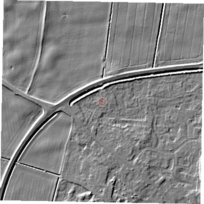 Shaded relief map of the ground around DN158US, computed from Environment Agency LiDAR. The ground here sits at about 3 m above sea level and falls 6 m across the surrounding 800 m. Surface water reaching this point runs off ground lying to the north, 3.7 m higher.