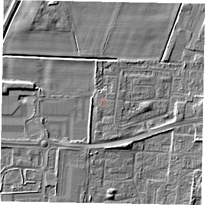 Shaded relief map of the ground around DN158XL, computed from Environment Agency LiDAR. The ground here sits at about 4 m above sea level and falls 7 m across the surrounding 800 m. The ground contributing surface water to this point lies to the east-south-east.