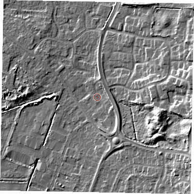 Shaded relief map of the ground around DN158XS, computed from Environment Agency LiDAR. The ground here sits at about 4 m above sea level and falls 15 m across the surrounding 800 m. Surface water reaching this point runs off ground lying to the east, 2.4 m higher.