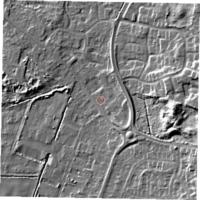 Shaded relief map of the ground around DN158XT, computed from Environment Agency LiDAR. The ground here sits at about 4 m above sea level and falls 12 m across the surrounding 800 m. Surface water reaching this point runs off ground lying to the east-south-east, 9.4 m higher.