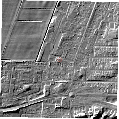 Shaded relief map of the ground around DN158XU, computed from Environment Agency LiDAR. The ground here sits at about 4 m above sea level and falls 12 m across the surrounding 800 m. Surface water reaching this point runs off ground lying to the south-east, 1.5 m higher.