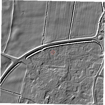 Shaded relief map of the ground around DN158YN, computed from Environment Agency LiDAR. The ground here sits at about 2 m above sea level and falls 7 m across the surrounding 800 m. Surface water reaching this point runs off ground lying to the south-east, 5.3 m higher.