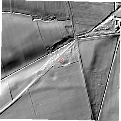 Shaded relief map of the ground around DN159AG, computed from Environment Agency LiDAR. The ground here sits at about 20 m above sea level and falls 24 m across the surrounding 800 m. Surface water reaching this point runs off ground lying to the south-south-west, 1.9 m higher.