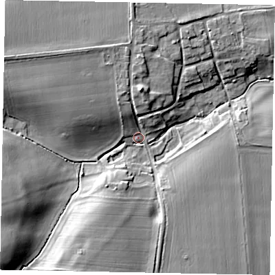 Shaded relief map of the ground around DN159AN, computed from Environment Agency LiDAR. The ground here sits at about 12 m above sea level and falls 18 m across the surrounding 800 m. Surface water reaching this point runs off ground lying to the north-west, 10.2 m higher.