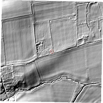 Shaded relief map of the ground around DN159AX, computed from Environment Agency LiDAR. The ground here sits at about 9 m above sea level and falls 14 m across the surrounding 800 m. Surface water reaching this point runs off ground lying to the west-south-west, 4.5 m higher.