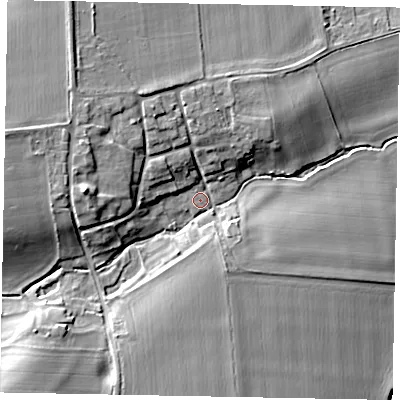 Shaded relief map of the ground around DN159BA, computed from Environment Agency LiDAR. The ground here sits at about 10 m above sea level and falls 16 m across the surrounding 800 m. Surface water reaching this point runs off ground lying to the west, 11.5 m higher.