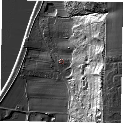 Shaded relief map of the ground around DN159DH, computed from Environment Agency LiDAR. The ground here sits at about 10 m above sea level and falls 63 m across the surrounding 800 m. Surface water reaching this point runs off ground lying to the east, 1.7 m higher.