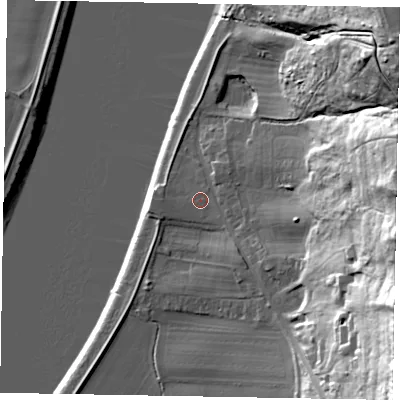 Shaded relief map of the ground around DN159DJ, computed from Environment Agency LiDAR. The ground here sits at about 6 m above sea level and falls 57 m across the surrounding 800 m. Surface water reaching this point runs off ground lying to the east-south-east, 0.5 m higher.