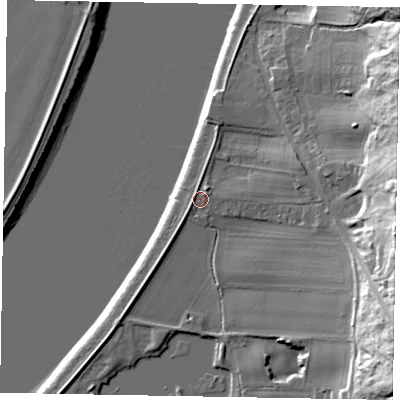 Shaded relief map of the ground around DN159DN, computed from Environment Agency LiDAR. The ground here sits at about 5 m above sea level and falls 29 m across the surrounding 800 m. Surface water reaching this point runs off ground lying to the east, 21.4 m higher.