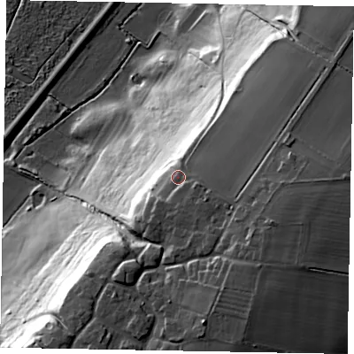 Shaded relief map of the ground around DN159FF, computed from Environment Agency LiDAR. The ground here sits at about 44 m above sea level and falls 52 m across the surrounding 800 m. Surface water reaching this point runs off ground lying to the east-south-east, 10.5 m higher.