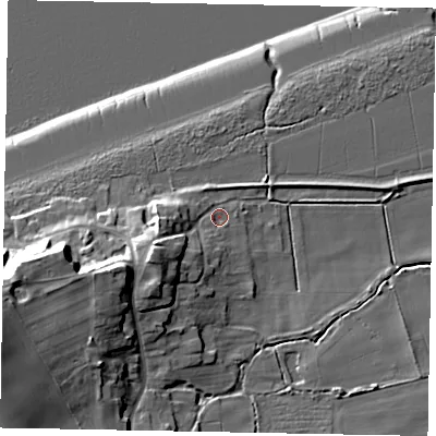 Shaded relief map of the ground around DN159LQ, computed from Environment Agency LiDAR. The ground here sits at about 5 m above sea level and falls 23 m across the surrounding 800 m. Surface water reaching this point runs off ground lying to the south-west, 9.9 m higher.
