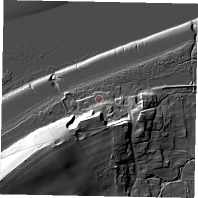 Shaded relief map of the ground around DN159LR, computed from Environment Agency LiDAR. The ground here sits at about 7 m above sea level and falls 28 m across the surrounding 800 m. Surface water reaching this point runs off ground lying to the south, 12.4 m higher.