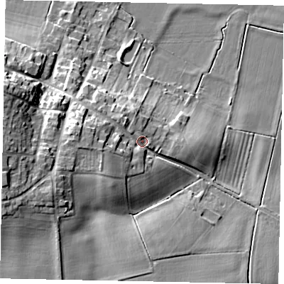 Shaded relief map of the ground around DN159ND, computed from Environment Agency LiDAR. The ground here sits at about 12 m above sea level and falls 20 m across the surrounding 800 m. Surface water reaching this point runs off ground lying to the west, 8.1 m higher.