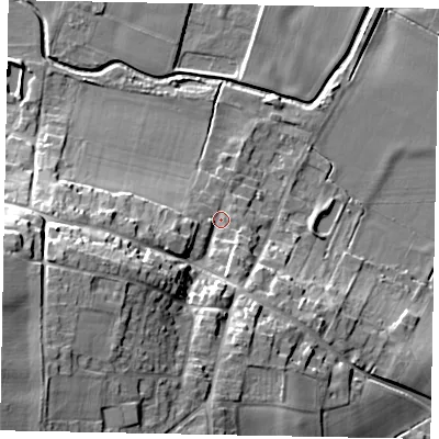 Shaded relief map of the ground around DN159NT, computed from Environment Agency LiDAR. The ground here sits at about 7 m above sea level and falls 28 m across the surrounding 800 m. Surface water reaching this point runs off ground lying to the south-west, 21.4 m higher.