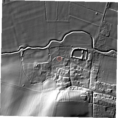 Shaded relief map of the ground around DN159NY, computed from Environment Agency LiDAR. The ground here sits at about 5 m above sea level and falls 32 m across the surrounding 800 m. Surface water reaching this point runs off ground lying to the south-south-east, 7.5 m higher.