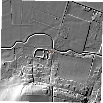 Shaded relief map of the ground around DN159PA, computed from Environment Agency LiDAR. The ground here sits at about 5 m above sea level and falls 32 m across the surrounding 800 m. Surface water reaching this point runs off ground lying to the south, 1.5 m higher.