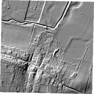 Shaded relief map of the ground around DN159PF, computed from Environment Agency LiDAR. The ground here sits at about 5 m above sea level and falls 24 m across the surrounding 800 m. Surface water reaching this point runs off ground lying to the south-south-west, 14.2 m higher.