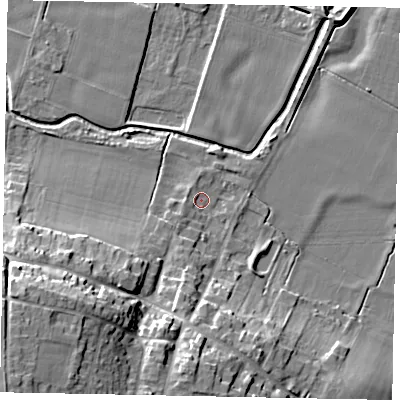 Shaded relief map of the ground around DN159PG, computed from Environment Agency LiDAR. The ground here sits at about 4 m above sea level and falls 25 m across the surrounding 800 m. Surface water reaching this point runs off ground lying to the south-west, 1.6 m higher.