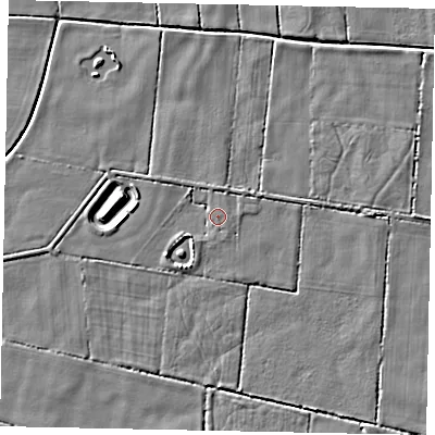 Shaded relief map of the ground around DN159QX, computed from Environment Agency LiDAR. The ground here sits at about 2 m above sea level and falls 4 m across the surrounding 800 m. Surface water reaching this point runs off ground lying to the south-west, 1.8 m higher.
